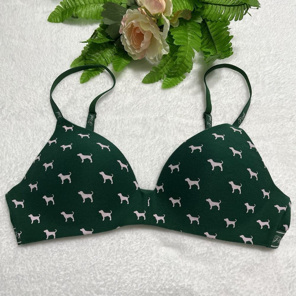 Victoria’s Secret PINK Green Dog Print Wear Everywhere Super Push Up Bra 36B VS